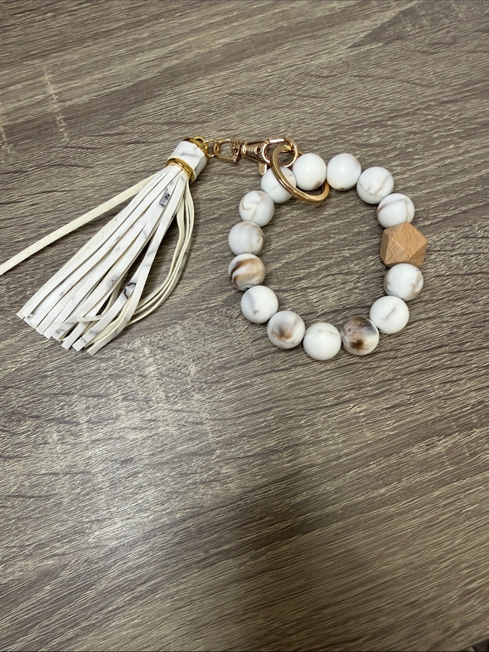 White Marble Beaded Keychain Wristlet